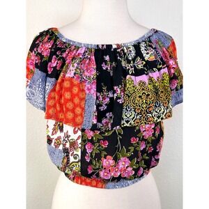 Raga Off Shoulder Patchwork Boho Crop Top Anthropologie Style Elastic Hem S